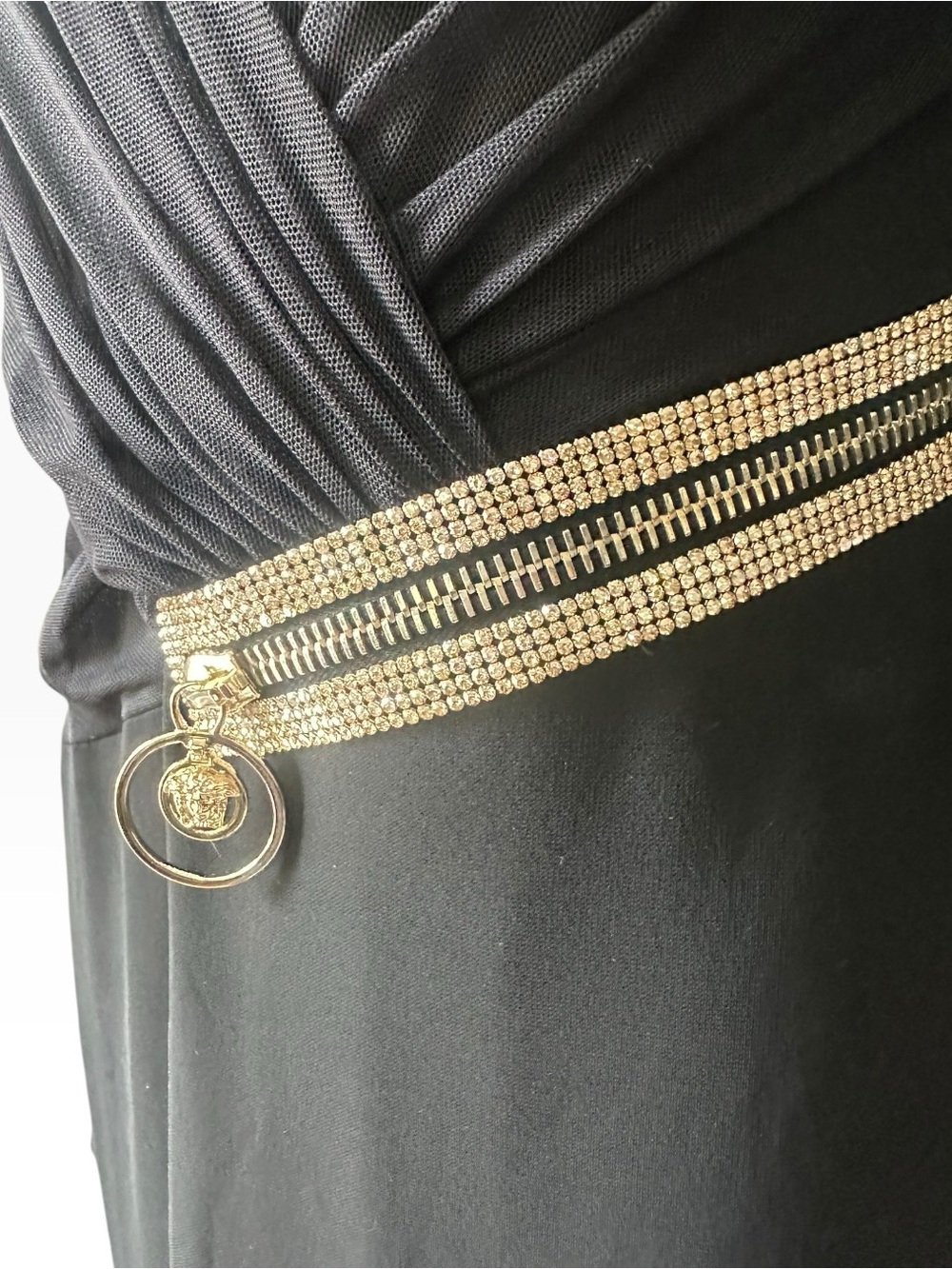 Versace Black Sheer Mesh Medusa Crystal Zip Draped Midi Dress IT 44/US 8 - Picture 4 of 13